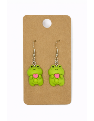 Green Frogs Pink Hearts Dangling Earrings Supporting Awareness for Chronic Rare and Invisible Illnesses