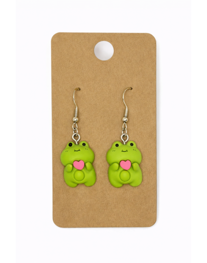 Green Frogs Pink Hearts Dangling Earrings Supporting Awareness for Chronic Rare and Invisible Illnesses