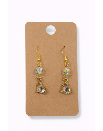 Iridescent &amp; Clear Stone Dangling Heart Gold Color Earrings Supporting Awareness for Chronic Rare and Invisible Illnesses