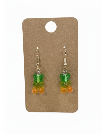 Frosted Gummy Bears Orange Yellow Green Earrings Supporting Awareness for Chronic Rare and Invisible Illnesses