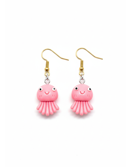 Handmade Pink Octopus Dangling Earrings Gold Supporting Awareness for Chronic Rare and Invisible Illnesses