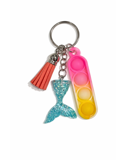 Pink &amp; Yellow Silicone Mini Pop Fidget With Teal Mermaid Tail and Pink Orange Tassel Keychain Sensory Toy Raise Awareness Support Rare Chronic &amp; Invisible Illness