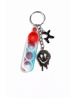Red White &amp; Teal Swirl Silicone Mini Pop Fidget With Adorable Black Balloon Dog and Silver Melting Smiley Face Keychain Sensory Toy Raise Awareness Support Rare Chronic &amp; Invisible Illness