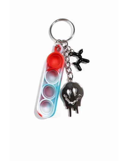 Red White &amp; Teal Swirl Silicone Mini Pop Fidget With Adorable Black Balloon Dog and Silver Melting Smiley Face Keychain Sensory Toy Raise Awareness Support Rare Chronic &amp; Invisible Illness