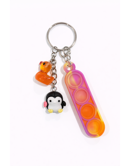Pink &amp; Orange Swirl Silicone Mini Pop Fidget With Adorable Black Penguin and Orange Duck Charms Keychain Sensory Toy Raise Awareness Support Rare Chronic &amp; Invisible Illness