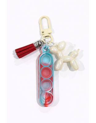 Blue &amp; Red Swirl Silicone Mini Pop Fidget With Pale Yellow Balloon Dog And Red Tassel Keychain Sensory Toy Raise Awareness Support Rare Chronic &amp; Invisible Illness