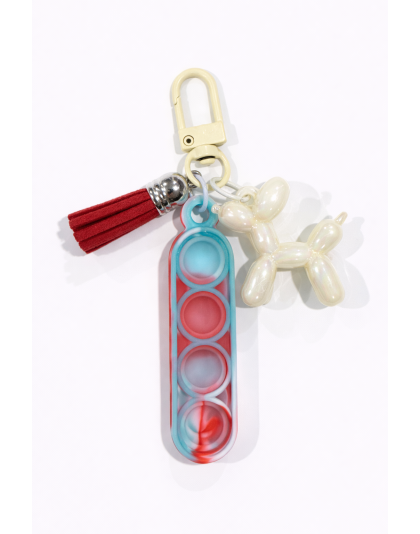 Blue &amp; Red Swirl Silicone Mini Pop Fidget With Pale Yellow Balloon Dog And Red Tassel Keychain Sensory Toy Raise Awareness Support Rare Chronic &amp; Invisible Illness