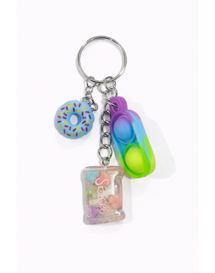 Purple Blue &amp; Green Silicone Mini Pop Fidget With Blue Donut and Pink Sweets Bag Charml Keychain Sensory Toy Raise Awareness Support Rare Chronic &amp; Invisible Illness