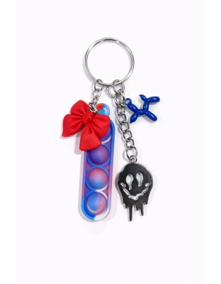 Red White &amp; Blue Swirl Silicone Mini Pop Fidget With Blue Balloon Dog Charm &amp; Silver Melting Smiley Face Keychain Sensory Toy Raise Awareness Support Rare Chronic &amp; Invisible Illness