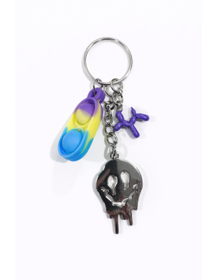 Purple Yellow Blue Silicone Mini Pop Fidget With Purple Balloon Dog and Silver Melting Smiley Face Keychain Sensory Toy Raise Awareness Support Rare Chronic &amp; Invisible Illness