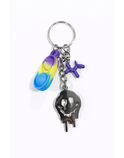 Purple Yellow Blue Silicone Mini Pop Fidget With Purple Balloon Dog and Silver Melting Smiley Face Keychain Sensory Toy Raise Awareness Support Rare Chronic &amp; Invisible Illness