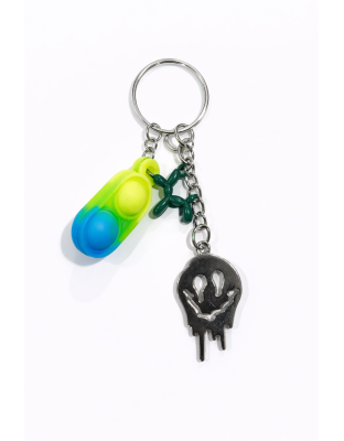 Yellow Green Blue Silicone Mini Pop Fidget With Green Dog Balloon and  Silver Melting Smiley Face Keychain Sensory Toy Raise Awareness Support Rare Chronic &amp; Invisible Illness