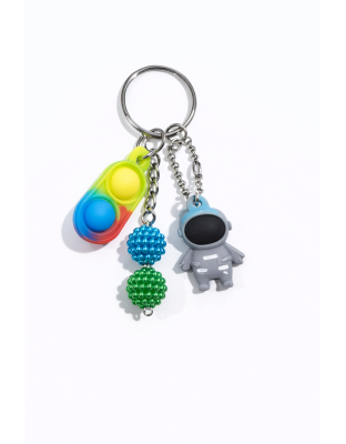 Rainbow Silicone Mini Pop Fidget With Gray Astronaut  and Blue Green Ball Charms Keychain Sensory Toy Raise Awareness Support Rare Chronic &amp; Invisible Illness