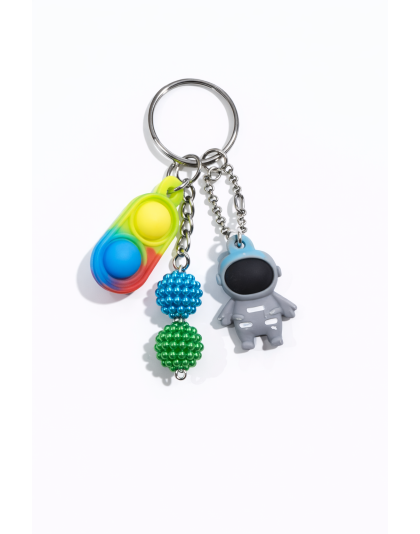 Rainbow Silicone Mini Pop Fidget With Gray Astronaut  and Blue Green Ball Charms Keychain Sensory Toy Raise Awareness Support Rare Chronic &amp; Invisible Illness