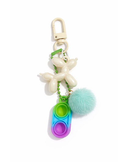 Green Blue Purple Silicone Mini Pop Fidget Keychain Beige Balloon Dog Charm &amp; Teal Pom-Pom Sensory Toy Raise Awareness Support Rare Chronic &amp; Invisible Illness