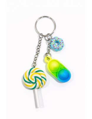 Yellow Green Blue Silicone Mini Pop Fidget With Blue Donut &amp; Green and Yellow Swirl Lollipop Keychain Sensory Toy Raise Awareness Support Rare Chronic &amp; Invisible Illness