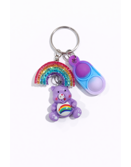 Blue Purple Silicone Mini Pop Fidget With Purple Bear and Rainbow Charms Keychain Sensory Toy Raise Awareness Support Rare Chronic &amp; Invisible Illness