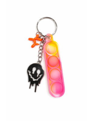 Pink Yellow Orange Swirl Silicone Mini Pop Fidget With Orange Balloon Dog &amp; Silver Melting Happy Face Keychain Sensory Toy Raise Awareness Support Rare Chronic &amp; Invisible Illness