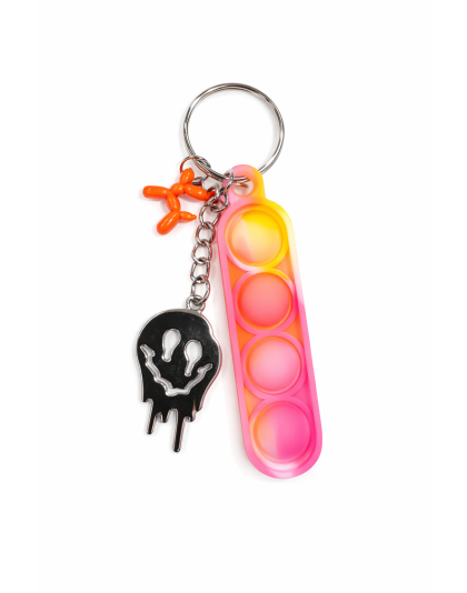 Pink Yellow Orange Swirl Silicone Mini Pop Fidget With Orange Balloon Dog &amp; Silver Melting Happy Face Keychain Sensory Toy Raise Awareness Support Rare Chronic &amp; Invisible Illness