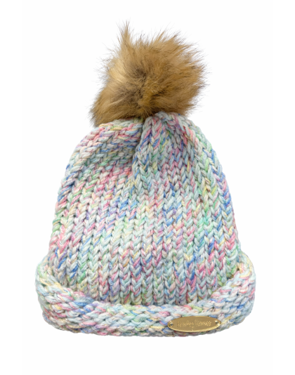 Pastel Rainbow Hand Knit Winter Beanie Hat w Pom Pom Warm Cozy Handmade Knit Cap Unisex Support &amp; Awareness For Chronic Rare Illness