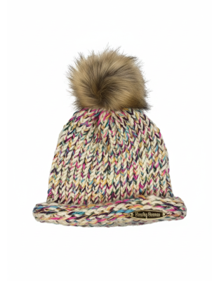 Rainbow Hand Knit Winter Beanie Hat w Pom Pom Warm Cozy Handmade Knit Cap Unisex Support &amp; Awareness For Chronic Rare Illness