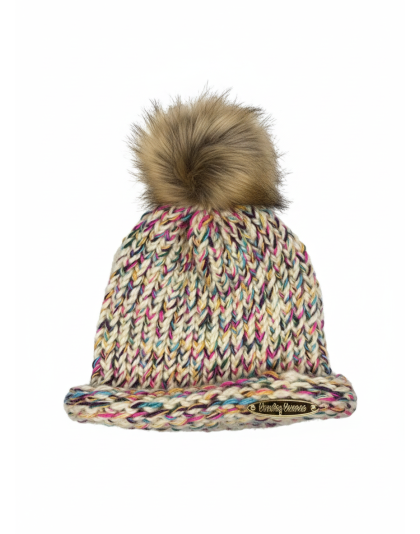 Rainbow Hand Knit Winter Beanie Hat w Pom Pom Warm Cozy Handmade Knit Cap Unisex Support &amp; Awareness For Chronic Rare Illness