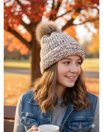 Rainbow Hand Knit Winter Beanie Hat w Pom Pom Warm Cozy Handmade Knit Cap Unisex Support &amp; Awareness For Chronic Rare Illness