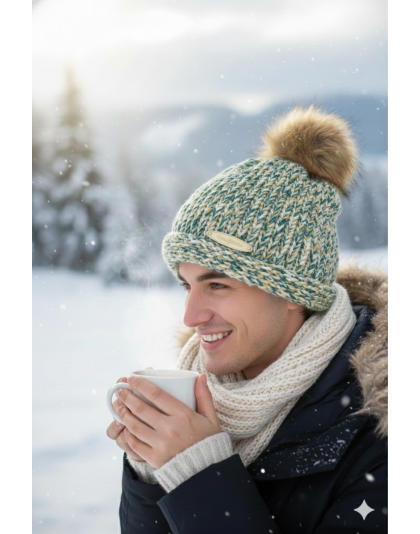 Green and Brown Hand Knit Winter Beanie Hat w Pom Pom Warm Cozy Handmade Knit Cap Unisex Support &amp; Awareness For Chronic Rare Illness
