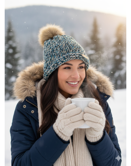 Blue Teal Gold Hand Knit Winter Beanie Hat w Pom Pom Warm Cozy Handmade Knit Cap Unisex Support &amp; Awareness For Chronic Rare Illness
