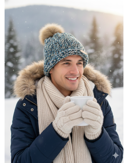 Blue Teal Gold Hand Knit Winter Beanie Hat w Pom Pom Warm Cozy Handmade Knit Cap Unisex Support &amp; Awareness For Chronic Rare Illness