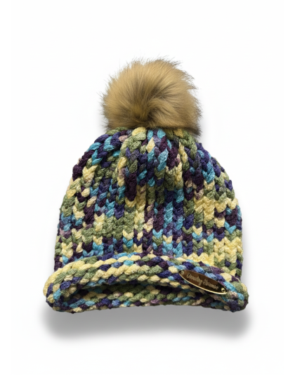 Blue Purple Yellow Green Hand Knit Winter Beanie Hat w Pom Pom Warm Cozy Handmade Knit Cap Unisex Support &amp; Awareness For Chronic Rare Illness