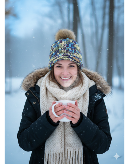 Blue Purple Yellow Green Hand Knit Winter Beanie Hat w Pom Pom Warm Cozy Handmade Knit Cap Unisex Support &amp; Awareness For Chronic Rare Illness