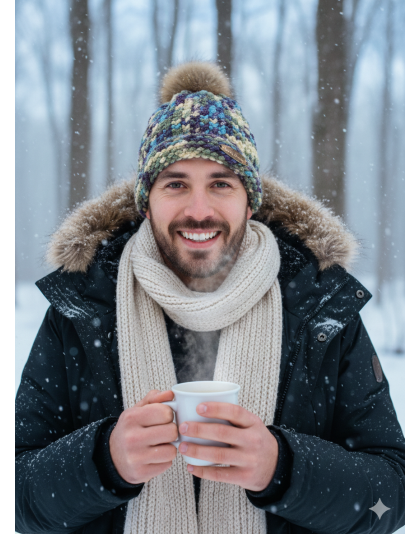 Blue Purple Yellow Green Hand Knit Winter Beanie Hat w Pom Pom Warm Cozy Handmade Knit Cap Unisex Support &amp; Awareness For Chronic Rare Illness