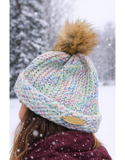 Pastel Rainbow Hand Knit Winter Beanie Hat w Pom Pom Warm Cozy Handmade Knit Cap Unisex Support &amp; Awareness For Chronic Rare Illness