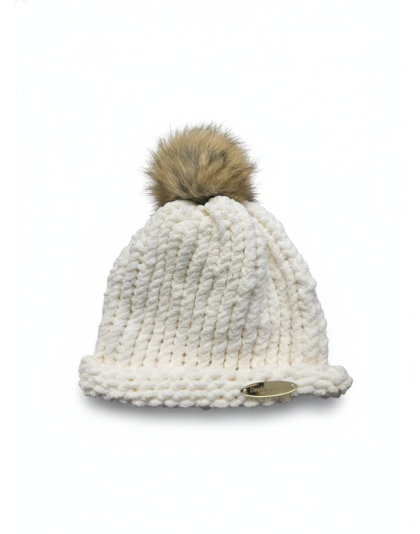 Beige Hand Knit Winter Beanie Hat w Pom Pom Warm Cozy Handmade Knit Cap Unisex Support &amp; Awareness For Chronic Rare Illness