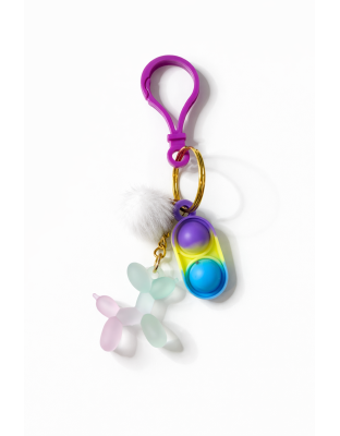 Purple Blue Yellow Silicone Mini Pop Fidget With Teal Pink Balloon Dog Charm &amp; White Pom Pom Sensory Toy Raise Awareness Support Rare Chronic &amp; Invisible Illness