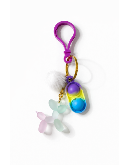 Purple Blue Yellow Silicone Mini Pop Fidget With Teal Pink Balloon Dog Charm &amp; White Pom Pom Sensory Toy Raise Awareness Support Rare Chronic &amp; Invisible Illness