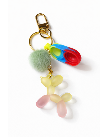 Yellow Blue Yellow Silicone Mini Pop Fidget With Yellow Red Balloon Dog Charm &amp; Green Pom Pom Sensory Toy Raise Awareness Support Rare Chronic &amp; Invisible Illness