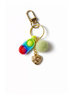 Rainbow Silicone Mini Pop Fidget With Gold Heart Charm Pale Green Pom Pom Sensory Toy Raise Awareness Support Rare Chronic &amp; Invisible Illness