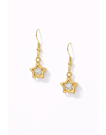 Handmade 3-D Gold Star Clear Stone Dangling Earrings Supporting Awareness for Chronic Rare and Invisible Illnesses