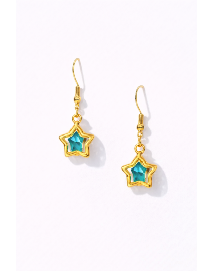 Handmade 3-D Gold Star Teal Stone Dangling Earrings Supporting Awareness for Chronic Rare and Invisible Illnesses