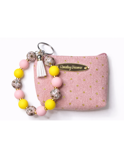 Pink Yellow Gold Beaded Wristlet Pouch Support Awareness Chronic and Rare Diseases